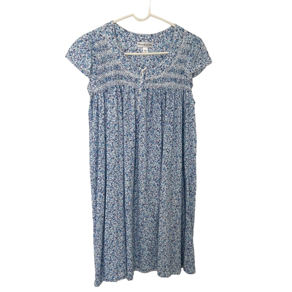 Miss Elaine Women’s Cap Sleeve Blue Floral Print Nightgown Size Medium